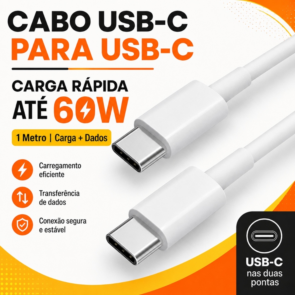 Cabo USB-C Tipo C para Tipo C 1m 60W Carga Rápida com Dados Branco para Celular iPhone Samsung Motorola Tablet Notebook