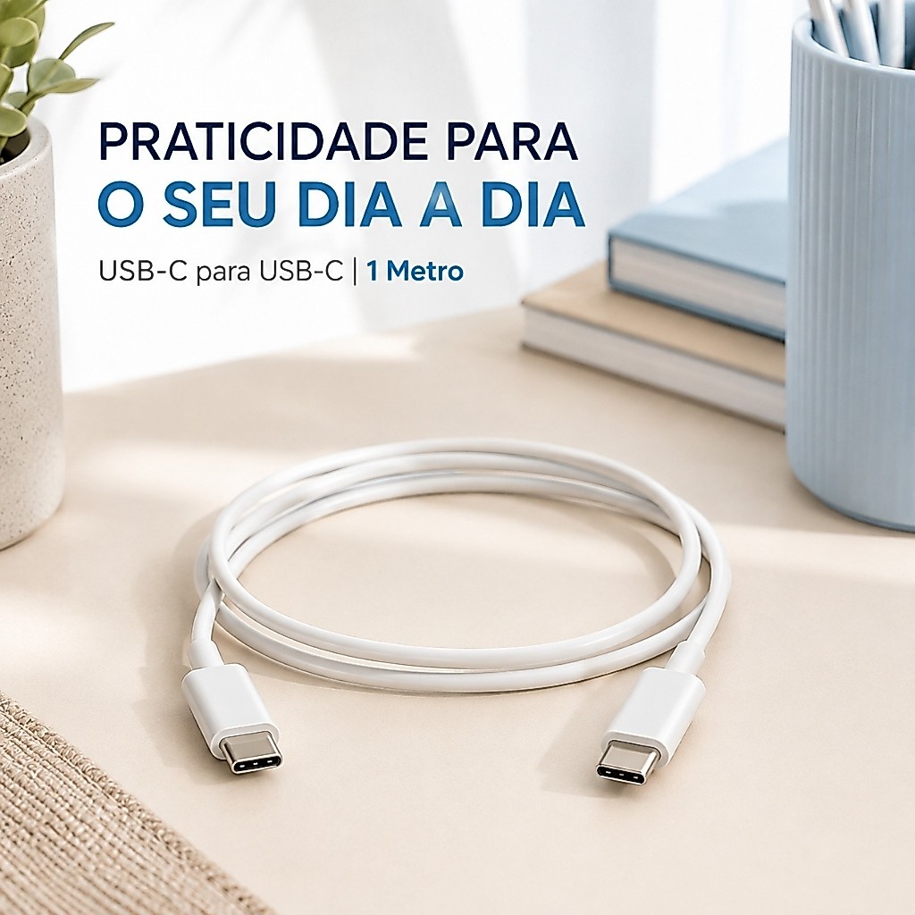Cabo USB-C para USB-C 1m 60W Carga Rápida e Dados Branco para Celular iPhone Samsung Motorola Tablet Notebook