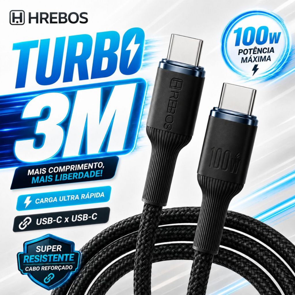 Cabo USB-C 3m 60W Turbo Tipo C Carregamento Rápido Nylon Reforçado para Notebook Smartphone Tablet