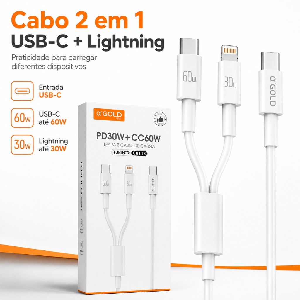 Cabo De Carregamento TURBO 1 para 2 PD 30W + CC 60W Tipo C e Lightning Carga Rápida Celular Tablet
