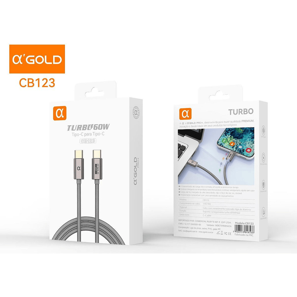 Cabo USB-C para USB-C Turbo 60W Power Delivery 1m Notebook Tablet A'Gold