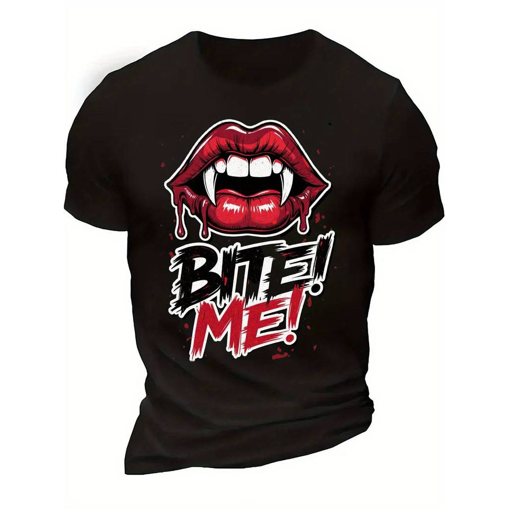 Camiseta Unissex Vampire Lips Bite Me Dentes Gótico Estampa Confortável Estilosa Moderna Moda Alternativa