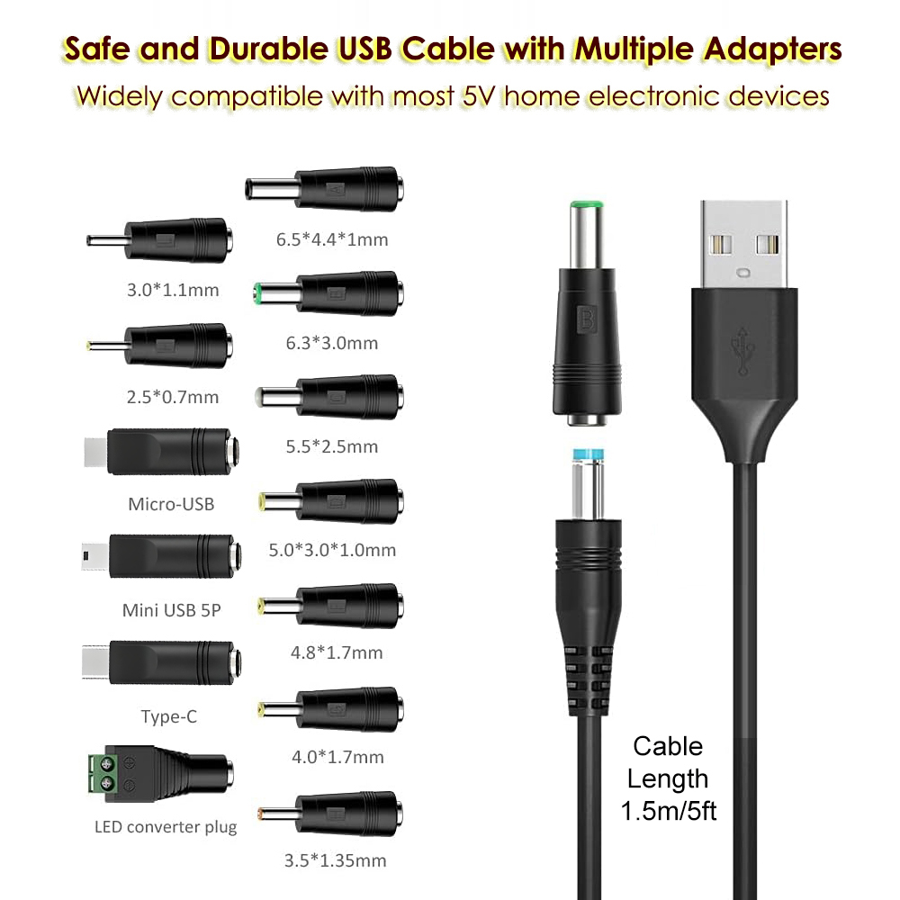 Cabo De Alimentação Universal USB Para DC 5V , Plugue 5.5 * 2.1mm Carregamento Jack Com 13 Pontas De Conector