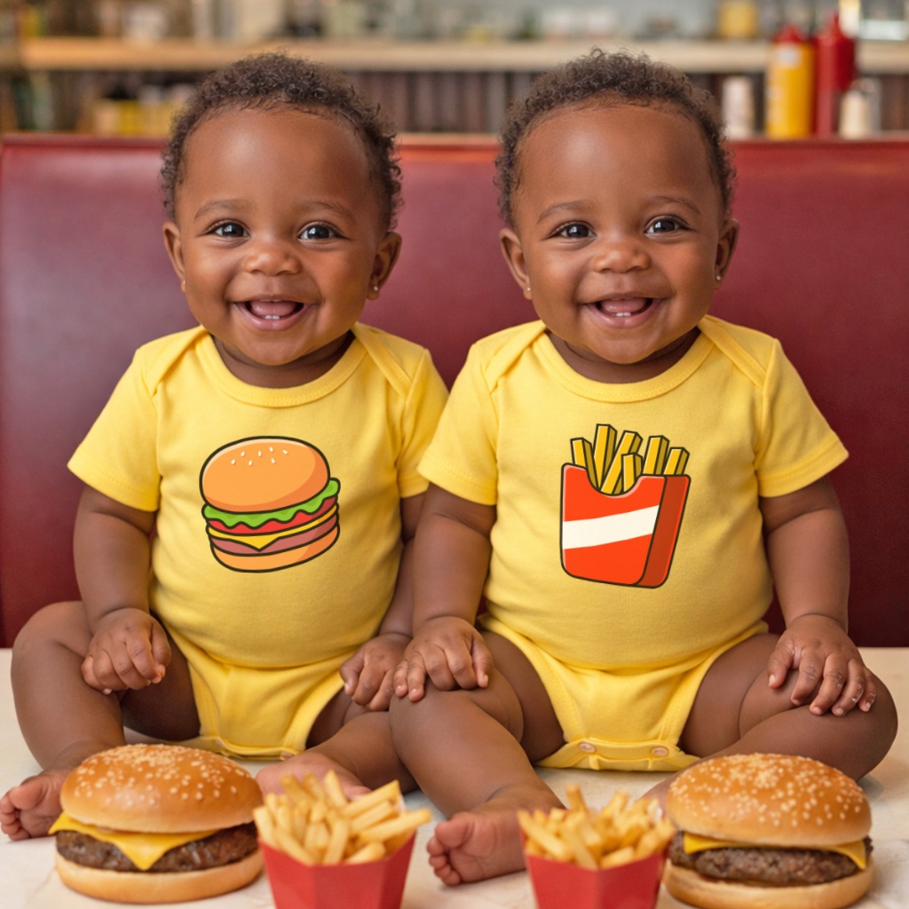 Body Bebê Algodão Conjunto Gêmeos Estampa Divertida Fast Food Hambúrguer Com Batata Frita