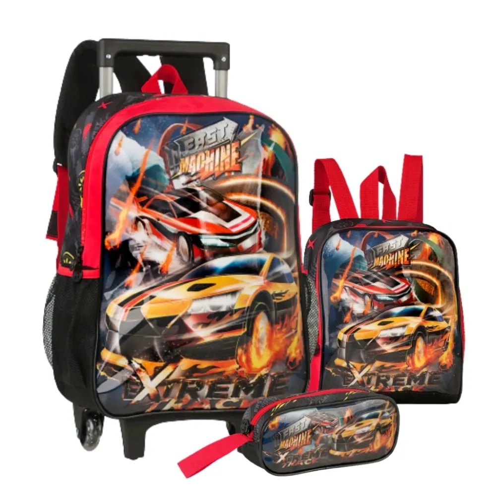 Kit de Mochila Carrinho e com Alça de Costas Fast Machine Clio + Lancheira e Estojo