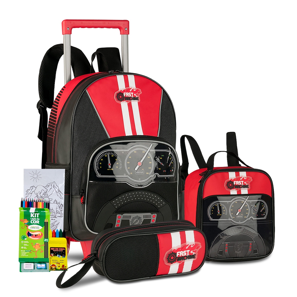 Kit Mochila Carrinho Fast Machine Carros Masculino Escolar Infantil Lancheira Térmica Estojo Alças