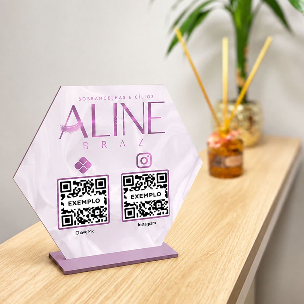 Placa Pix Qr Code Personalizada com Logo Instagram WhatsApp Avaliação Google Cardápio Digital  - MDF Hexagonal