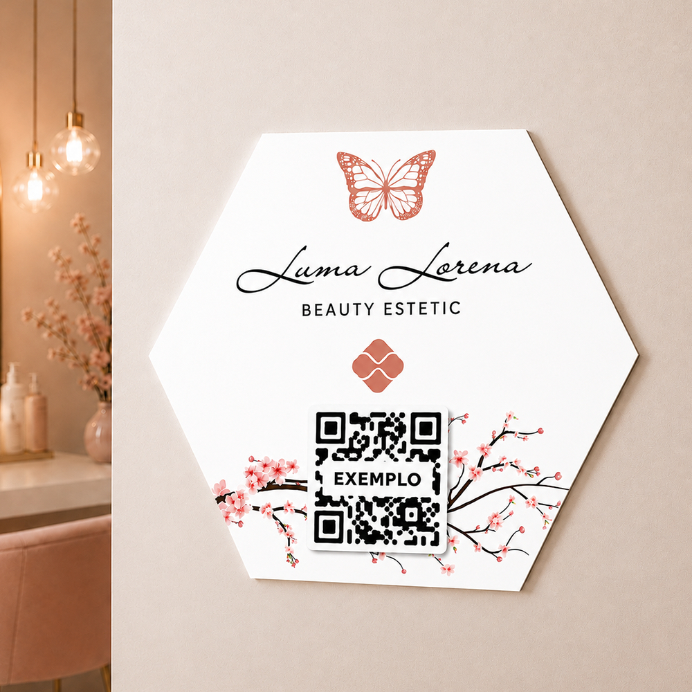 Placa Pix Qr Code Personalizada de Parede com Logo Instagram WhatsApp Avaliação Google Cardápio Digital - MDF Hexagonal
