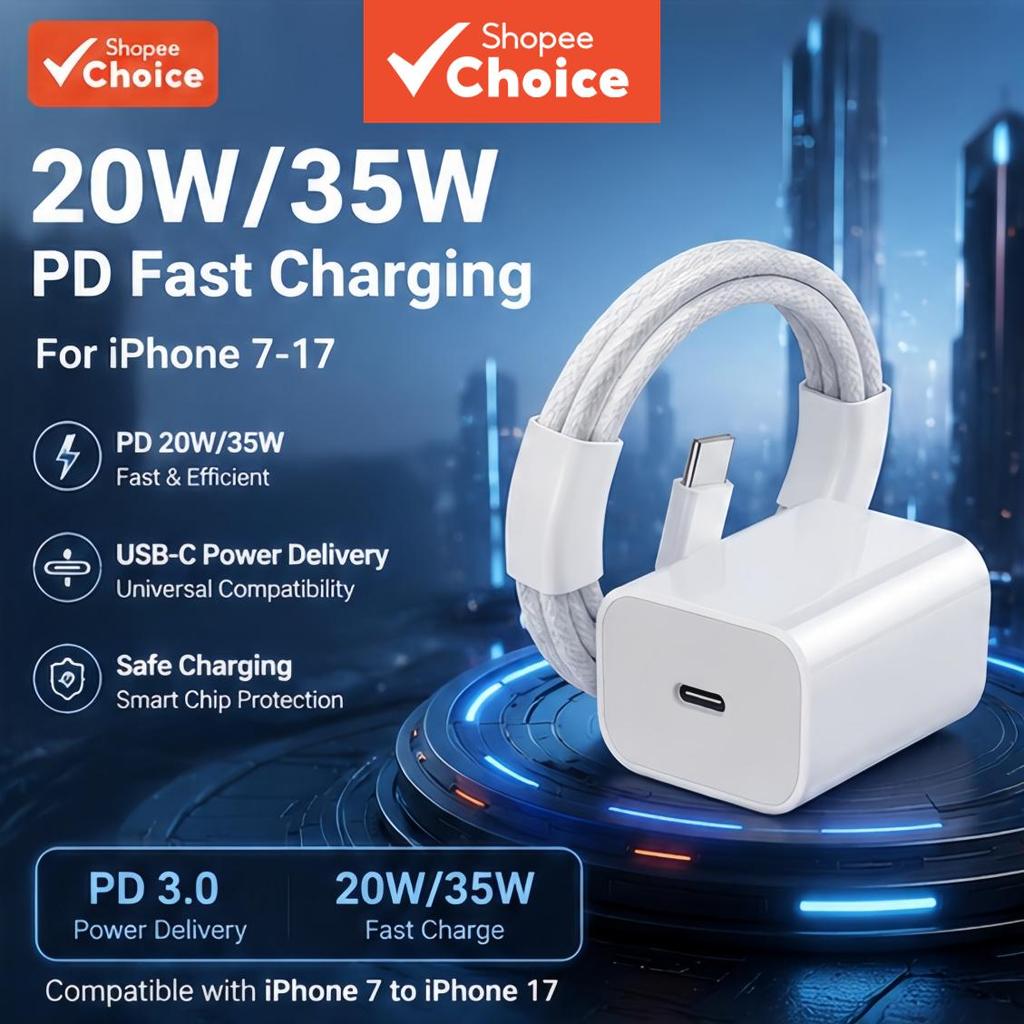 Conjunto de adaptador de carregamento rápido Dual-Port PD 20W/30W e cabo para iPhone 16/15