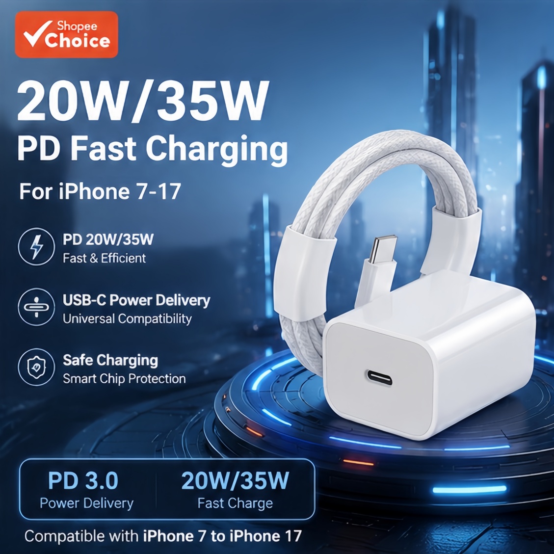 Conjunto de adaptador de carregamento rápido Dual-Port PD 20W/30W e cabo para iPhone 16/15