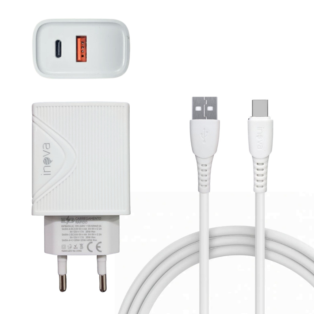Carregador Turbo 40W Dual Port USB + Tipo-C com Cabo Inova Original