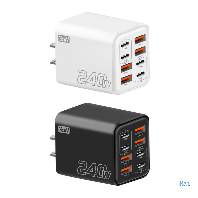 Carregadores Rai 240WPD 8 1 USB C E A Port GaNs Technology Carregamento Rápido Para Vários Dispositivos