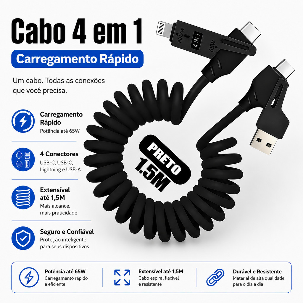 Kit Revenda 5 Cabos 4 em 1 Tipo C 1,5m carga rápida longa durabilidade para celular iOS tablet powerbank