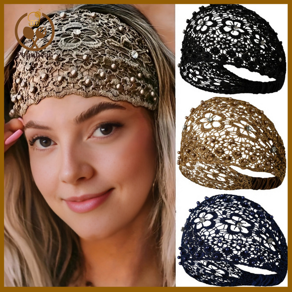 Breathable Headband Sports Women’s Elastic Lace with Hollow Embroidery Pearl Rhinestone Hair Accessory – Stylish Spa