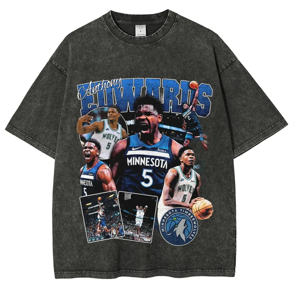 Camiseta Básica e Oversized Estonada Vintage Algodão Basquete Game Time Wolves Anthony Edwards