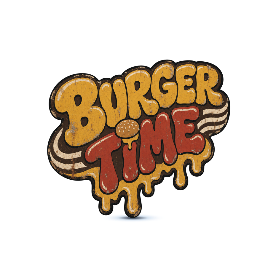 Placa Decorativa em ACM Burger Time Hambúrguer Letras Derretendo Retrô Vintage Anos 70 - Recorte Especial Decoração Hamb