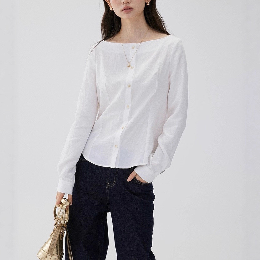 Off-the-shoulder loose-fitting versatile women's shirt for commuting25Autumn Simple Casual Top
