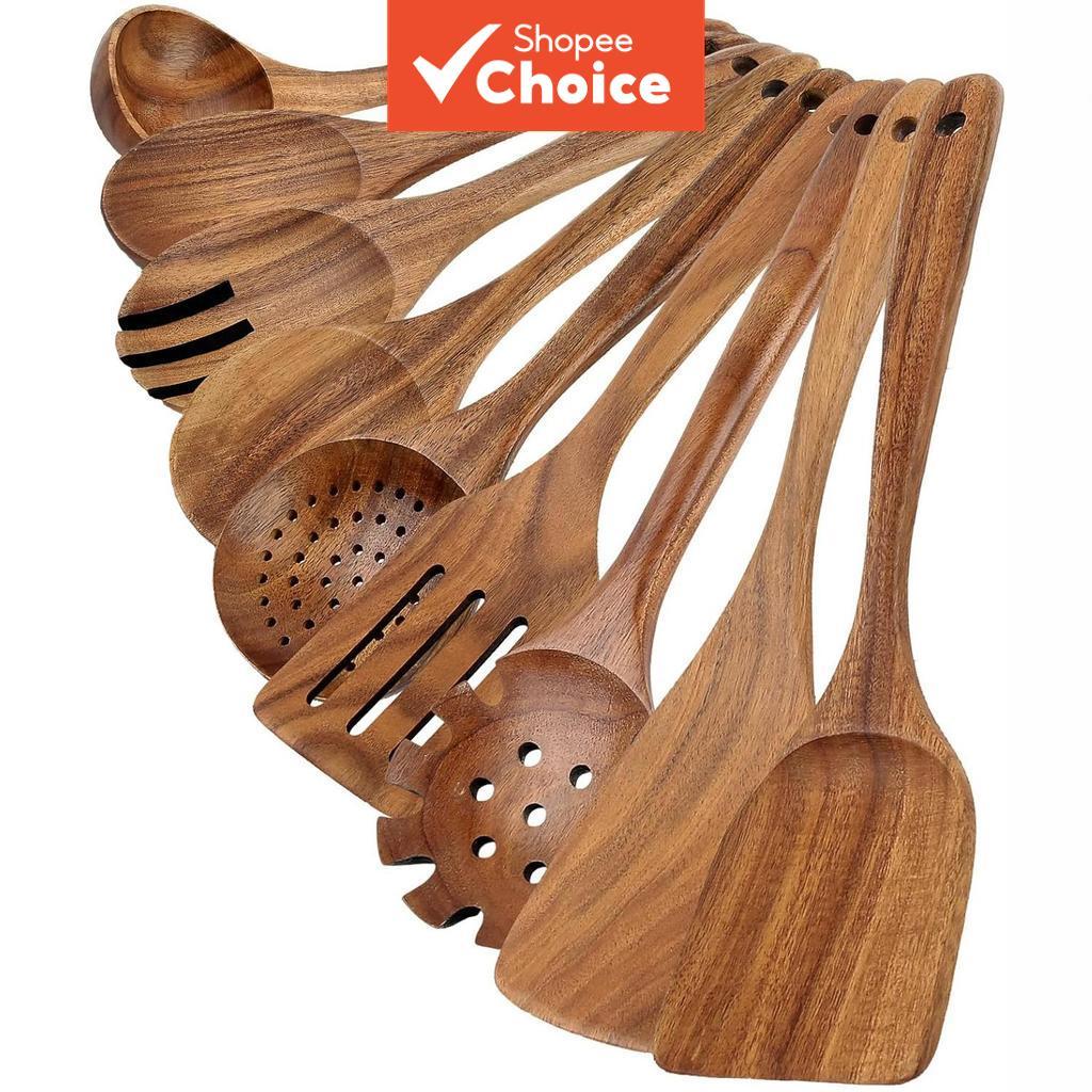 9 Pçs Conjunto De Cozinha De Madeira , Ferramentas , Espátula Antiaderente Colher Turner , Utensílios