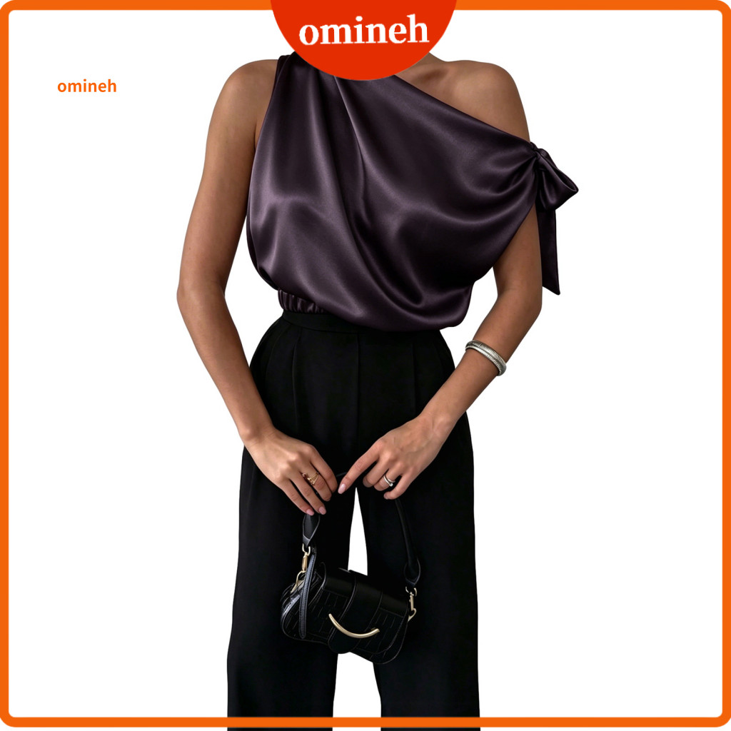 Women Blouse Asymmetrical Shoulder Shirt Women’s Satin Off-shoulder with Bow Slanted Loose Fit Wear Top for Commuting