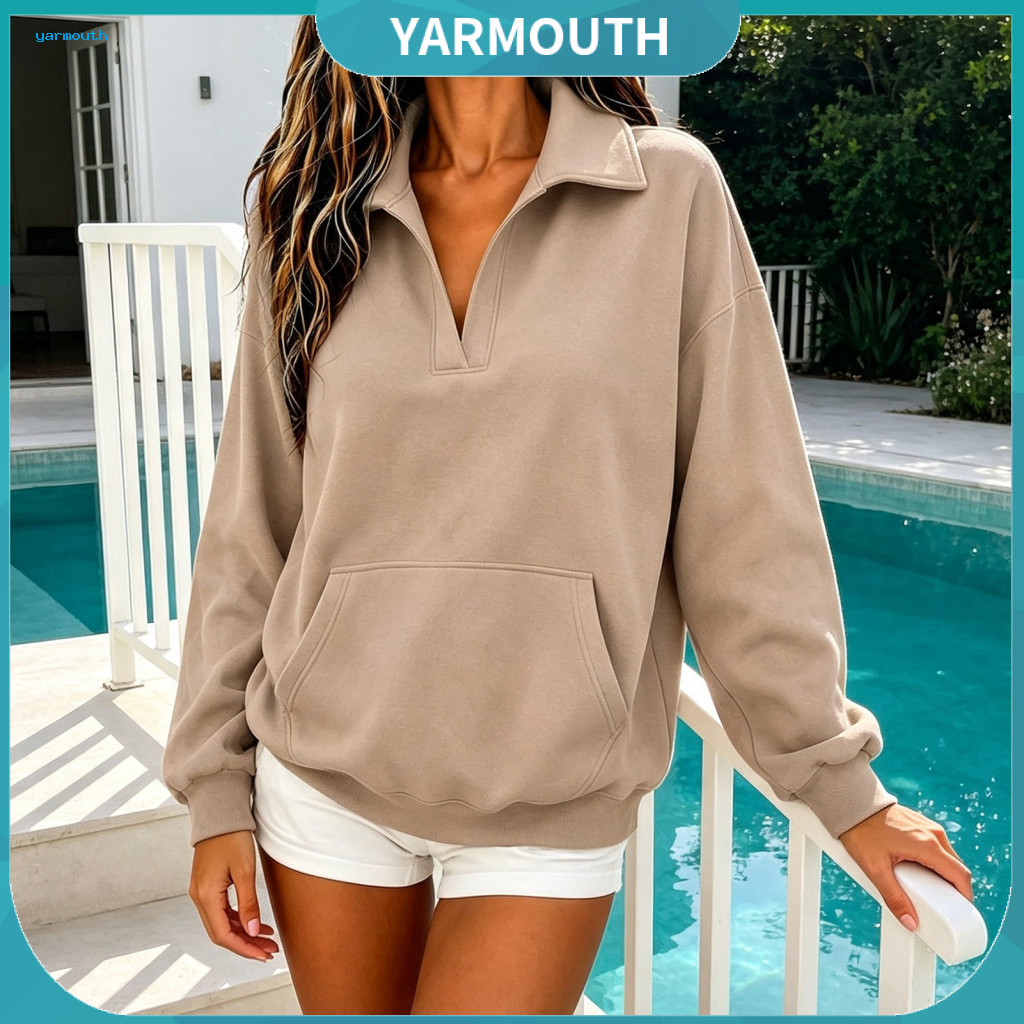 Soft Loose Fit Top Women Pullover Sweatshirt Women’s V-neck with Kangaroo Pocket Drop-shoulder Long Sleeve for Autumn
