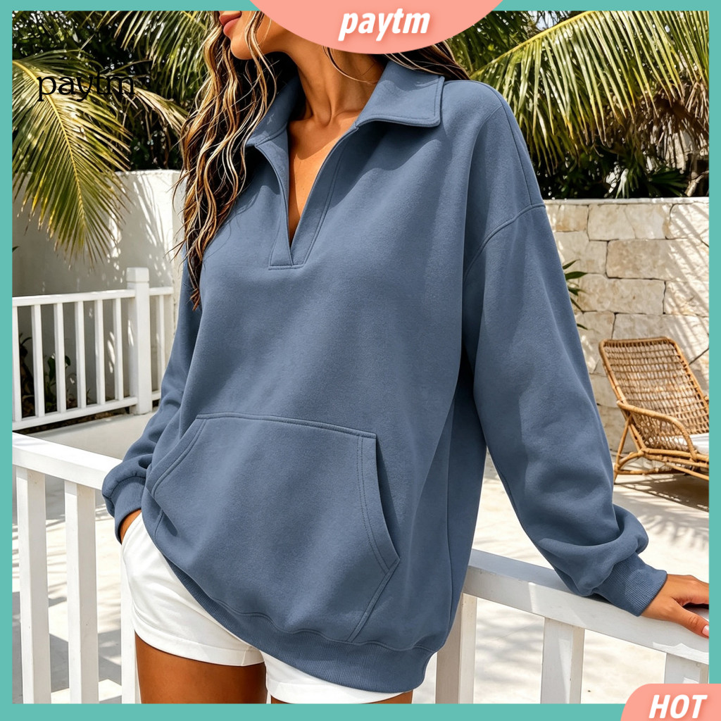 Half Open V Neck Sweatshirt Drop Shoulder Pullover Women’s V-neck with Kangaroo Pocket Loose Drop-shoulder Long Sleeve
