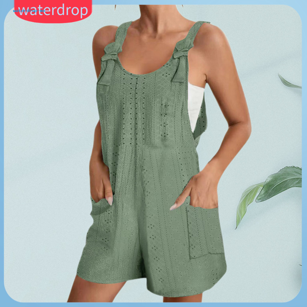 Summer Women Romper Sleeveless Adjustable Lace-up Shoulder Straps Backless Loose Fit with Side Pockets Casual Beach Dail