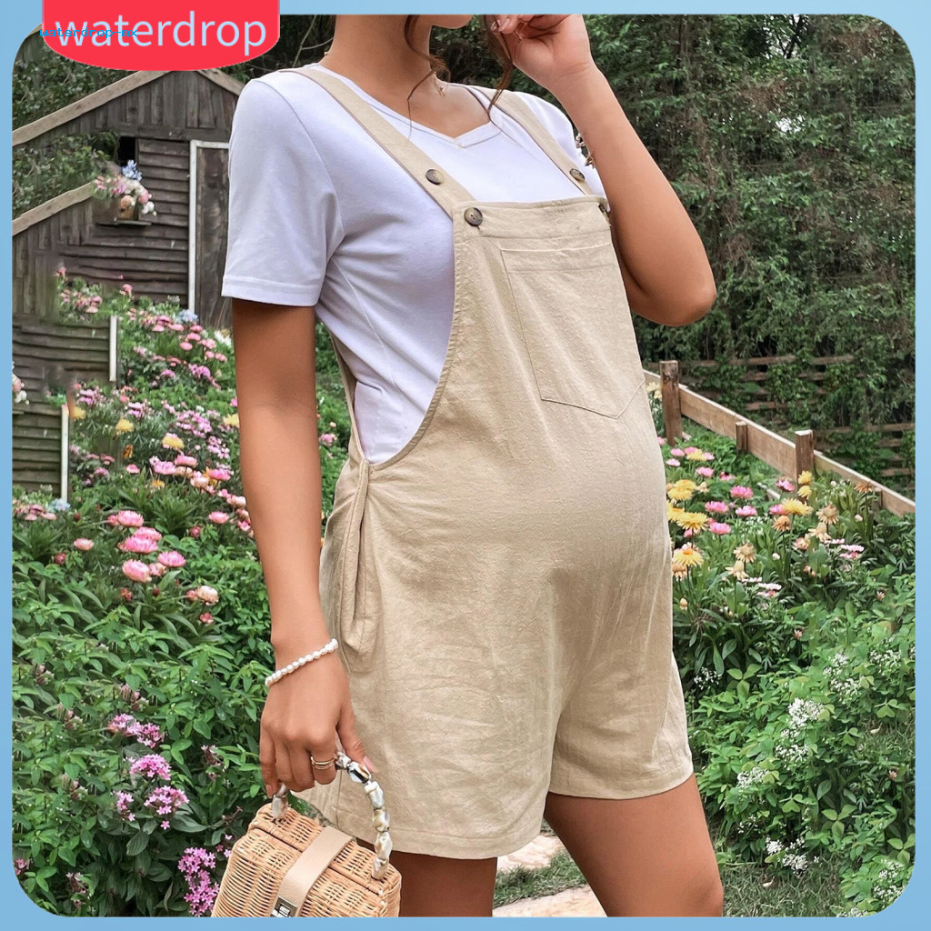 Pregnancy Romper for Women Adjustable Waist Shoulder Straps Solid Color Loose Fit Jumpsuit with Front Pockets Comfortabl