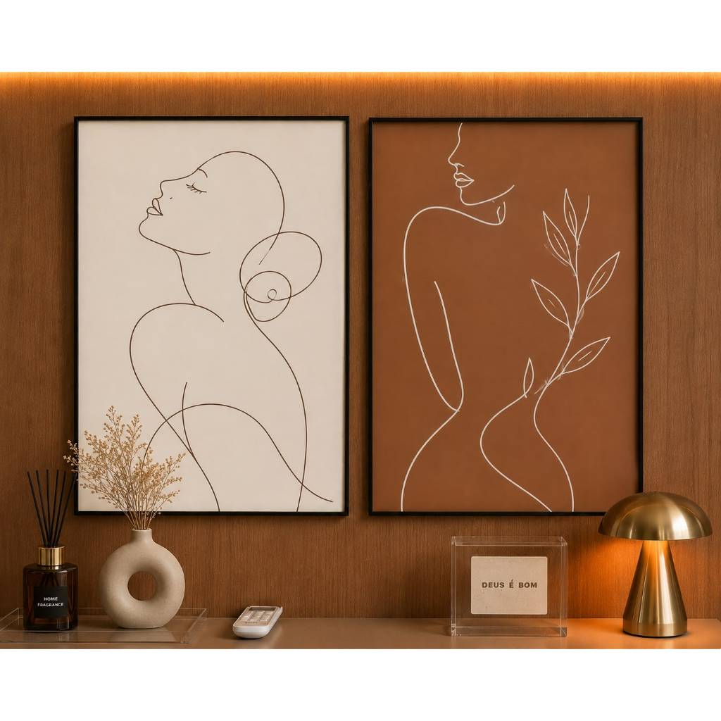 Kit 2 Quadros Decorativos Femininos Line Art Minimalista Tons Terrosos para Sala e Quarto