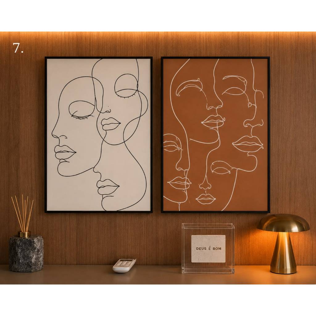 Kit 2 Quadros Decorativos Rostos Abstratos Line Art Minimalista Bege e Terracota