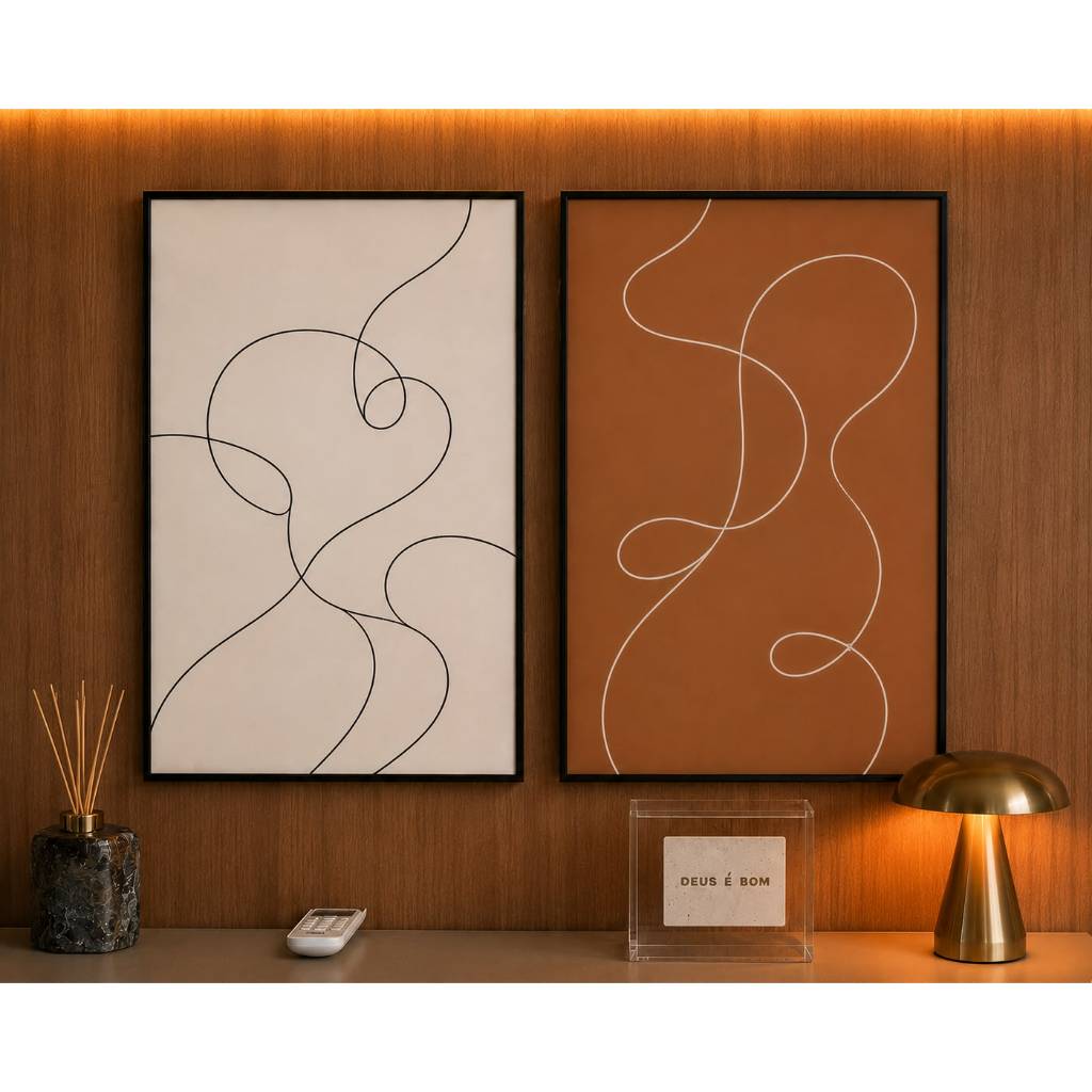 Kit 2 Quadros Decorativos Femininos Line Art Minimalista Bege e Terracota para Sala