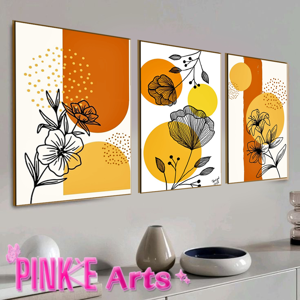 QUADRO DECORATIVO KIT 3 PEÇAS MOSAICO FLORES LINE ART GEOMÉTRICOS DECORAÇÃO INTERIOR PLACA MDF 4K HD