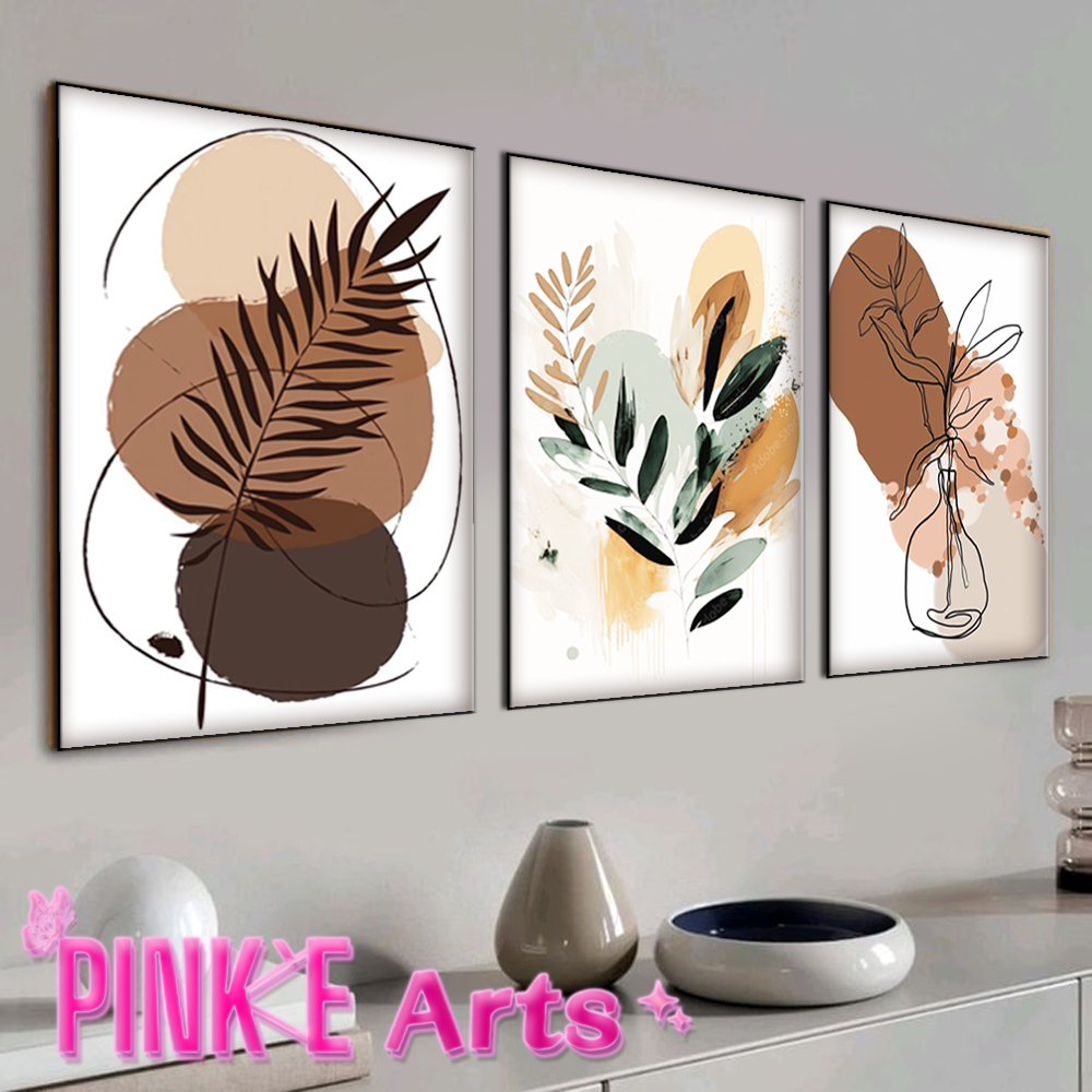 QUADRO DECORATIVO KIT 3 PEÇAS MOSAICO DECORAÇÃO INTERIOR FOLHAS LINE ART PLACA MDF