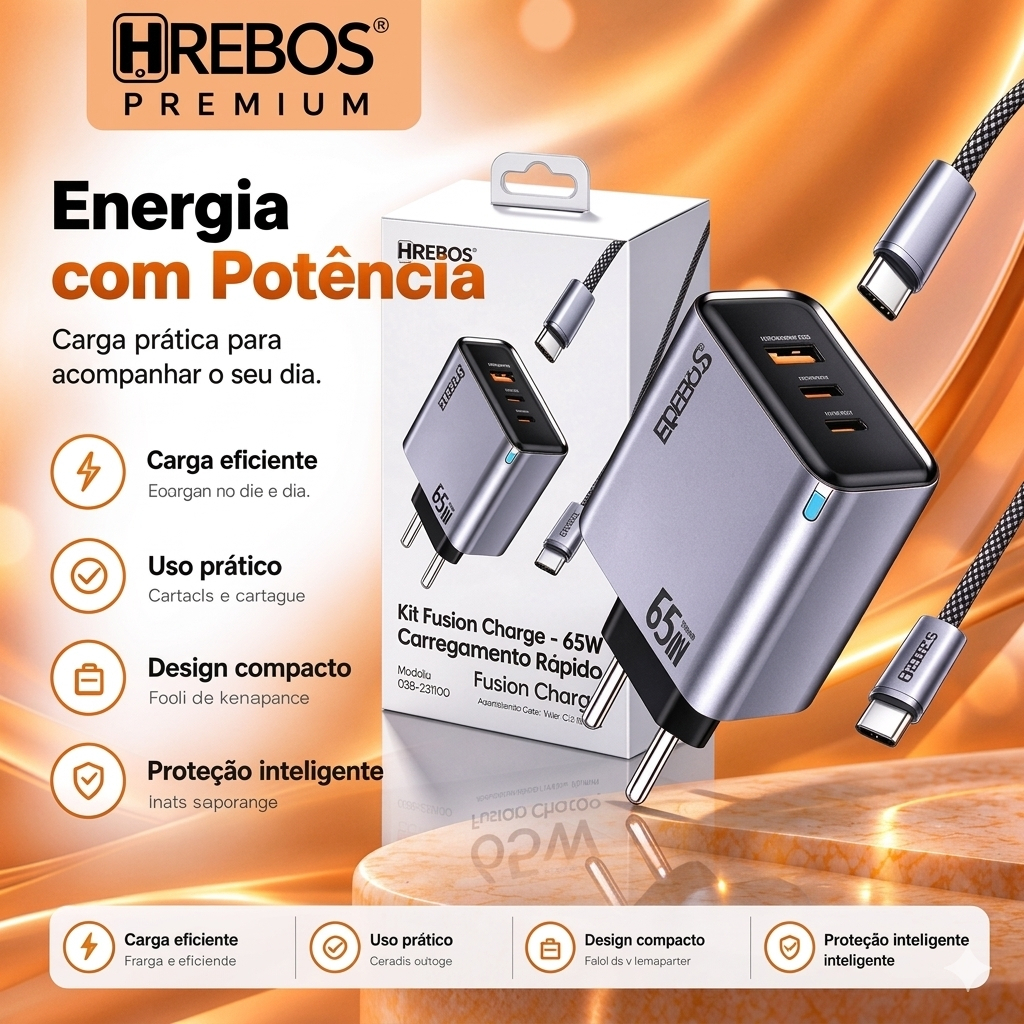 Carregador HREBOS 65W Turbo 3 Portas USB-C USB-A Carregamento Rápido PD para Celular Tablet Notebook Bivolt Fast Charge