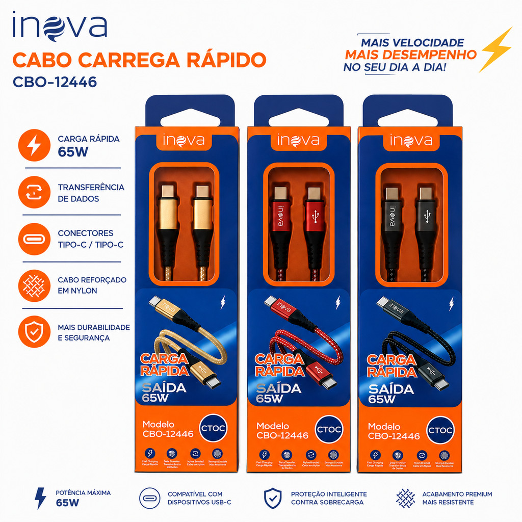 Cabo USB-C Inova 1m 65W Turbo Fast Charge Reforçado Para Carregamento Rápido Preto