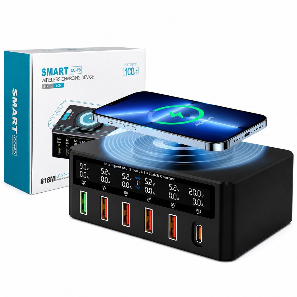 Carregador Usb Fast Charger Rápido 6 Portas Bancada Indução 65W Bivolt 1 Entrada Tipo C 1 Profissional