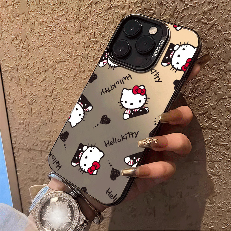 Capa Hello Kitty Preto Branco Laço Brilhante IMD Prata Anti-Queda iPhone 17 16 15 14 13 12 Pro Max