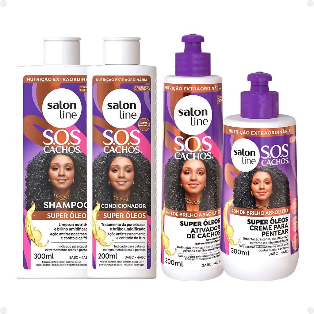 Kit Salon Line SOS Cachos Super Óleos: Shampoo 300ml e Condicionador 200ml + Creme 300ml e Ativador de Cachos 300ml