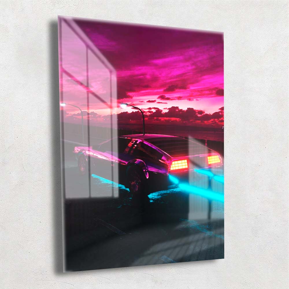 Quadro Metalizado Carro DeLorean Coleção Neon Arts Placa Decorativa Brilhante Pôster