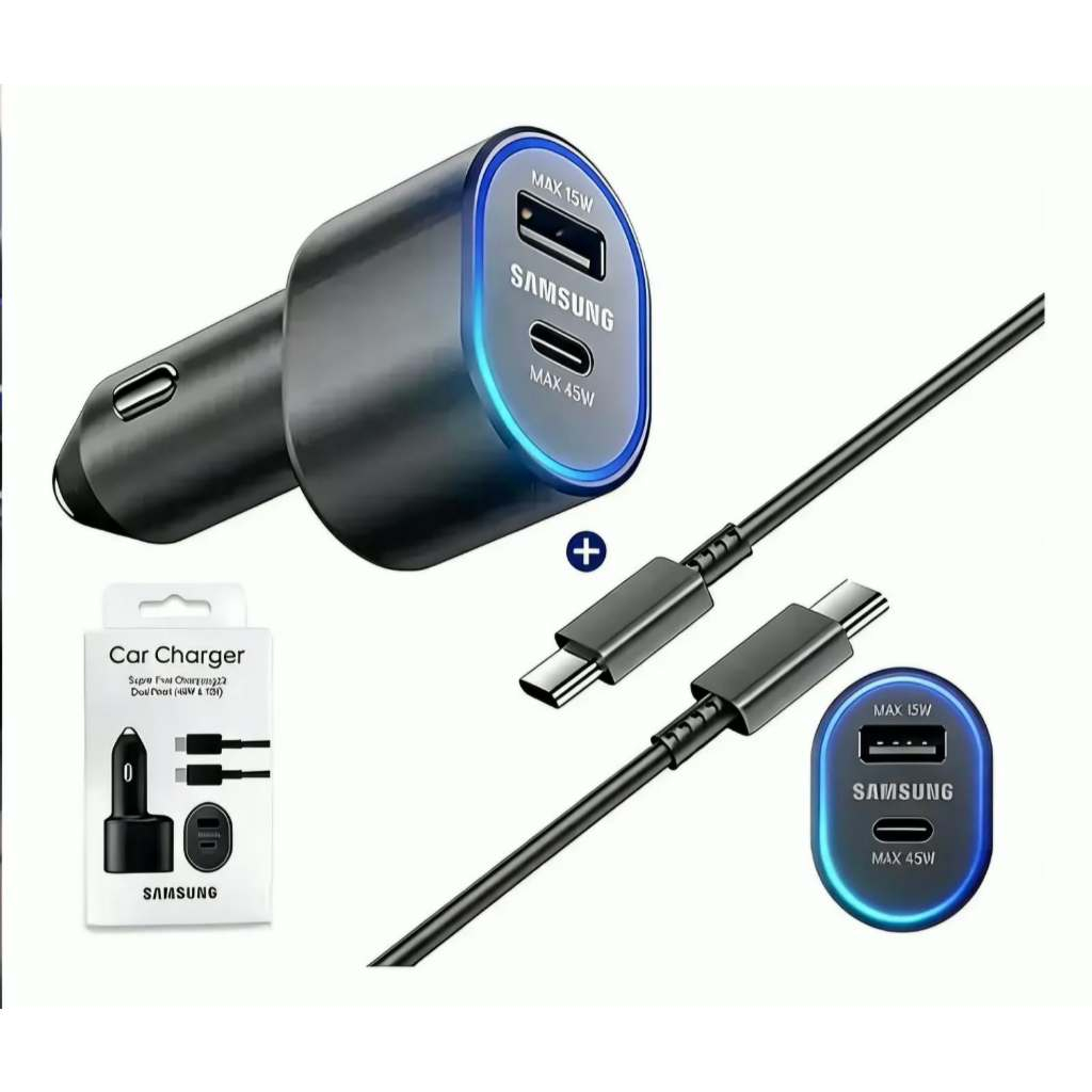Carregador veicular Samsung 60W Turbo Duplo (45w + 15w) com cabo tipo C