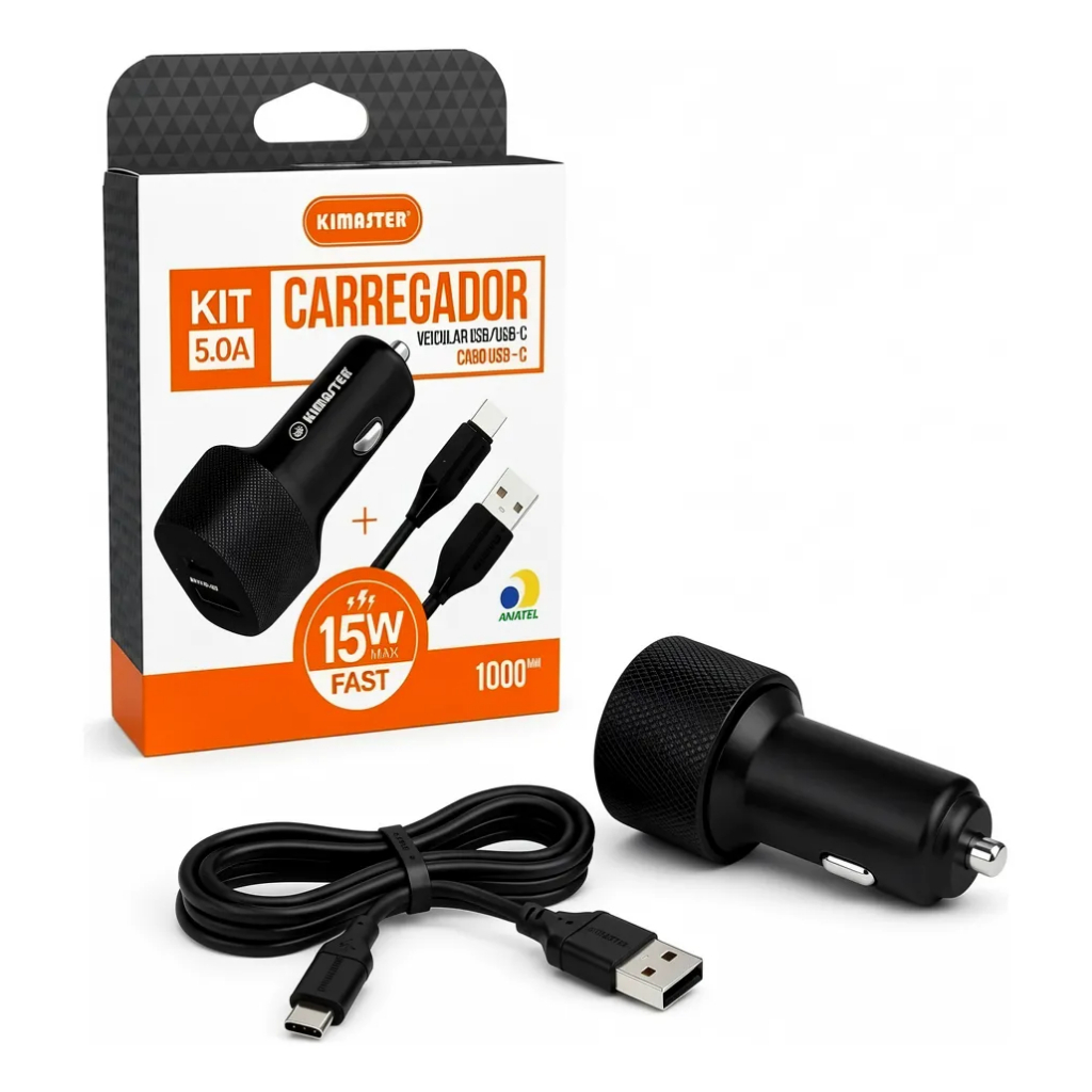 Kit Carregador Veicular Kimaster 5A 15W Type-C Preto