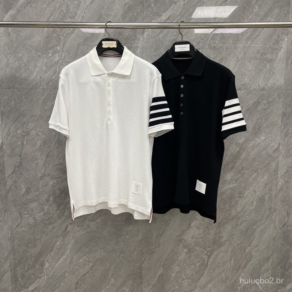 CRRT New color-blocked yarn-dyed four-stripe pique fabric with a turn-down collar Polo Short-sleeved shirt set for coupl