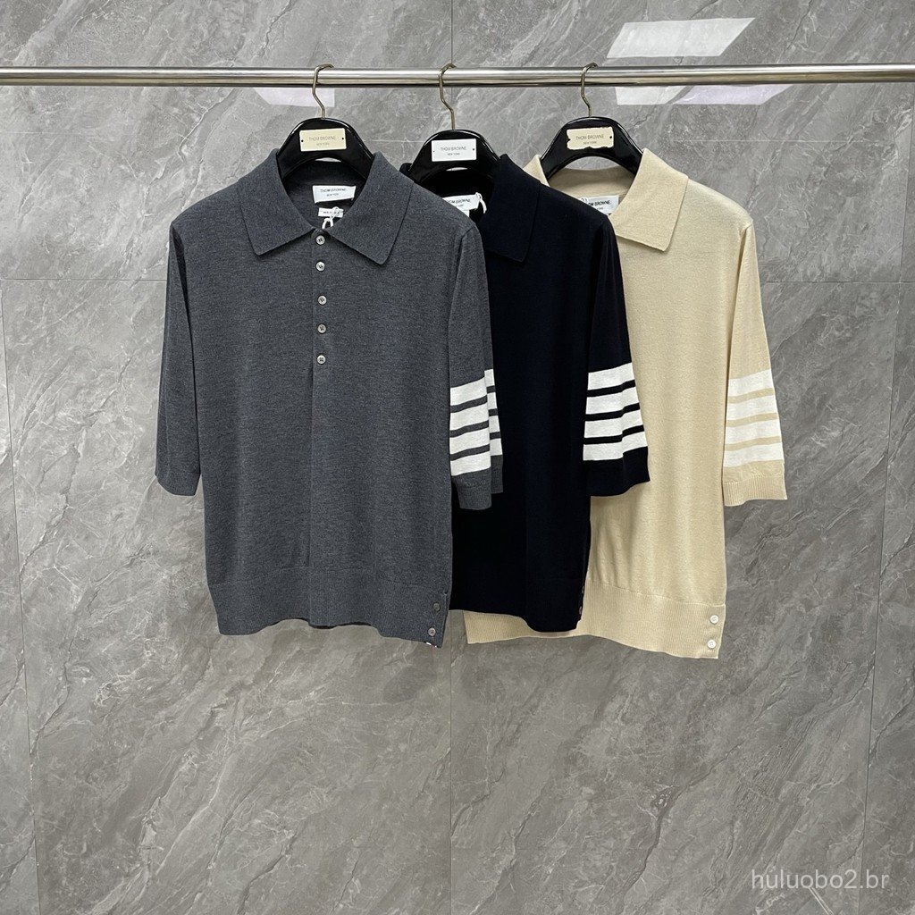 R43E Summer New Arrival Classic Four-Bar Short-Sleeve Turn-Down Collar Knit Polo Short-sleeved shirt, unisex, trendy sty