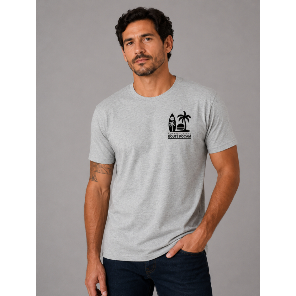 Camiseta Masculina POCAM SURF ROUTE Premium Hi Tech – Dry Fit + Antipilling - MESCLA CLARO