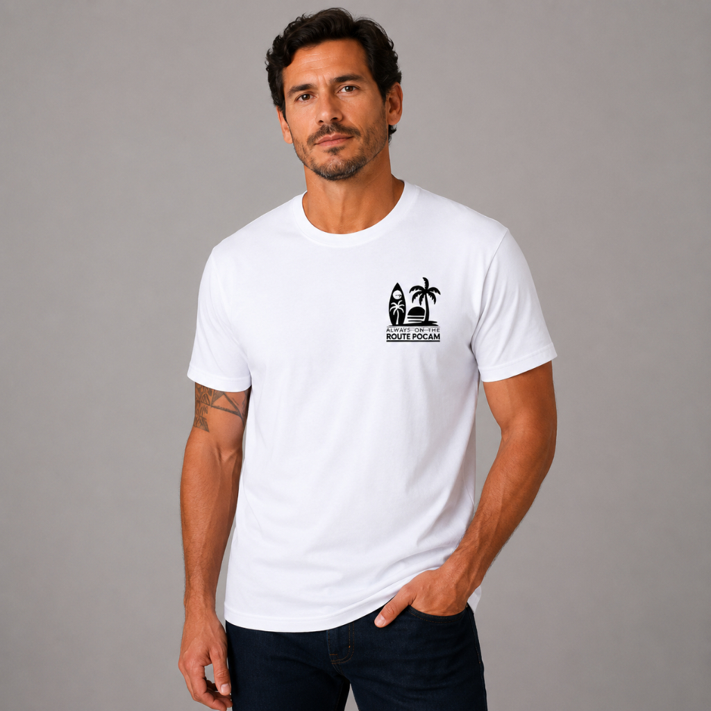 Camiseta Masculina POCAM SURF ROUTE Premium Hi Tech – Dry Fit + Antipilling - BRANCA