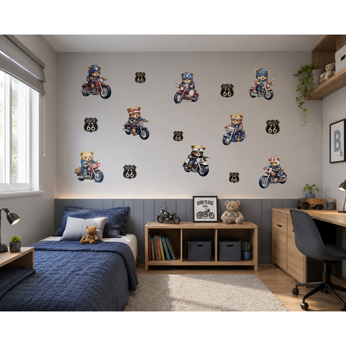 Adesivo de Parede Ursinhos Motociclistas Motoqueiros e Route 66 Papel de Parede Infantil Decalques