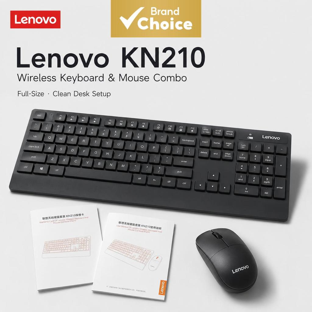 Combo de Teclado e Mouse Lenovo Sem Fio 2.4G, Teclado Completo 104 Teclas + Mouse 1200DPI, Plug-and-Play para