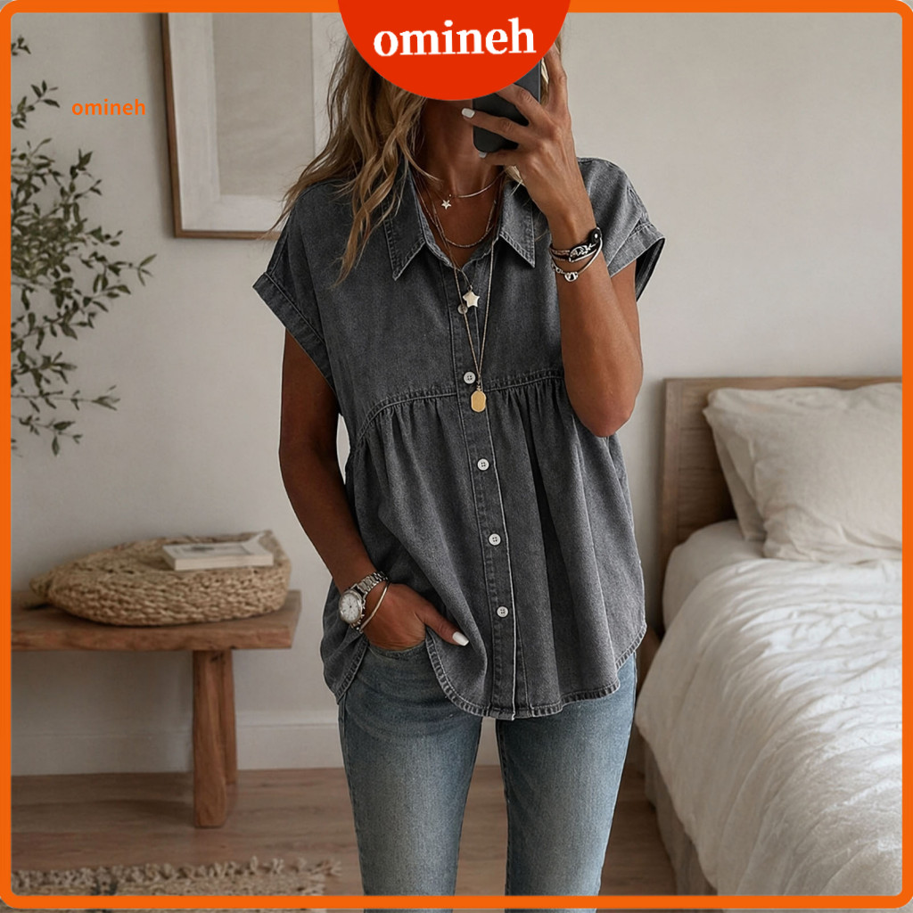 Regular Fit Women Shirt Denim Women’s Short Sleeve Lapel Blouse Pure Color Ruffle Splicing Top for Work Parties Vacati