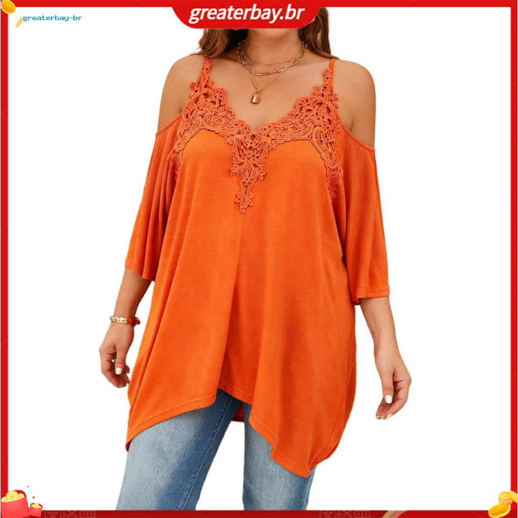 Women’s V-neck Off-shoulder Blouse with 3/4 Sleeves Asymmetric Lace Splicing Pullover Mid-length Summer Top Pure Color