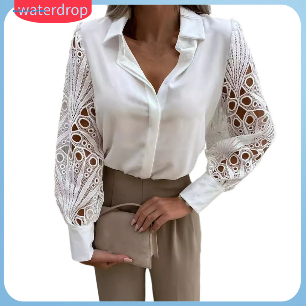 Women’s Hollow Lace Splicing Long Sleeve Shirt Lapel Collar Single Breasted Loose Fit Solid Color Top – Stylish and