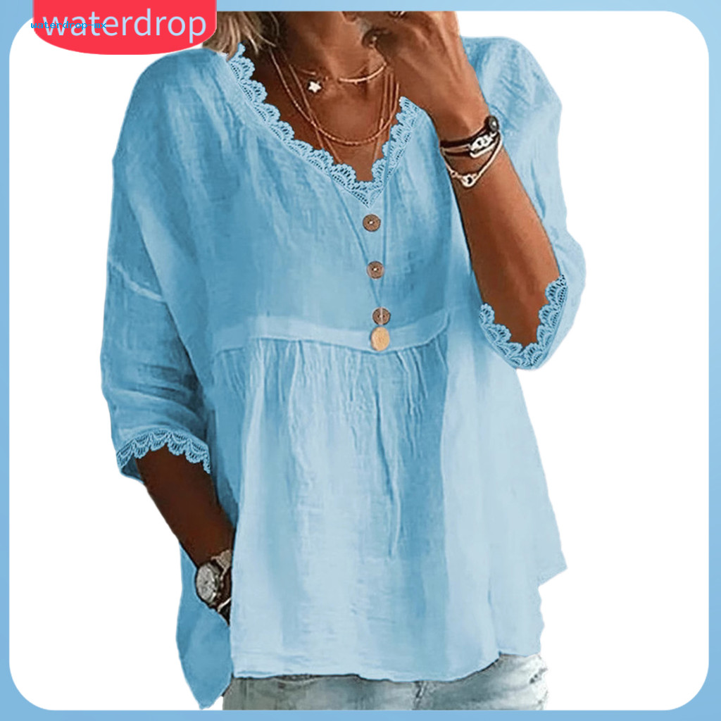 Women’s V-neck 3/4 Sleeve Loose Fit Lace Splicing Top – Breathable Casual Solid Color Shirt Comfortable and Stylish